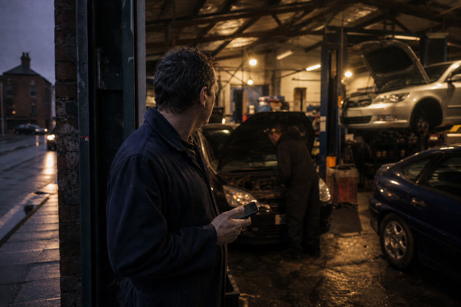 Independent garage workshop at dusk.