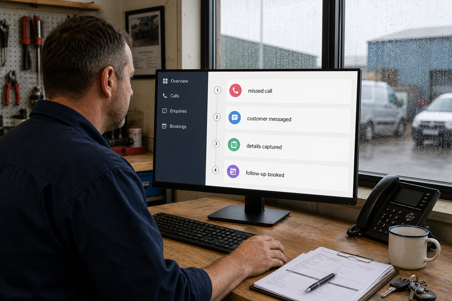 Garage office desk with OwlPoint on screen, showing an example process from a missed call through to a booked follow-up.